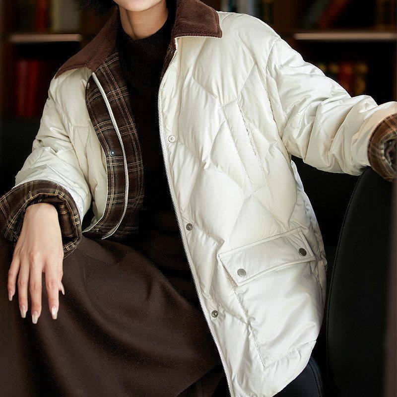 暖fufu轻奢羽绒服 工装风灯芯绒翻领菱格三防95鹅绒外套女装新款