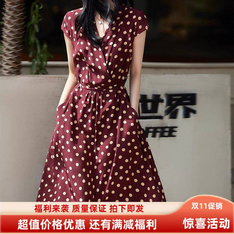 波点赫本真丝裙子 显瘦系带桑蚕丝茶歇连衣裙 中长款2025夏装女装