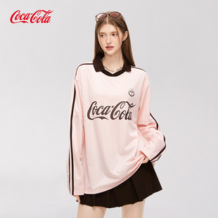 Coca-Cola/可口可乐秋冬长袖T恤女POLO球衣两条杠男宽松运动上衣