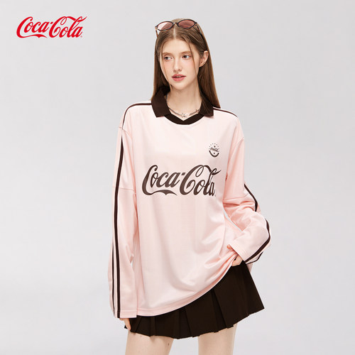 Coca-Cola/可口可乐秋冬长袖T恤女POLO球衣两条杠男宽松运动上衣