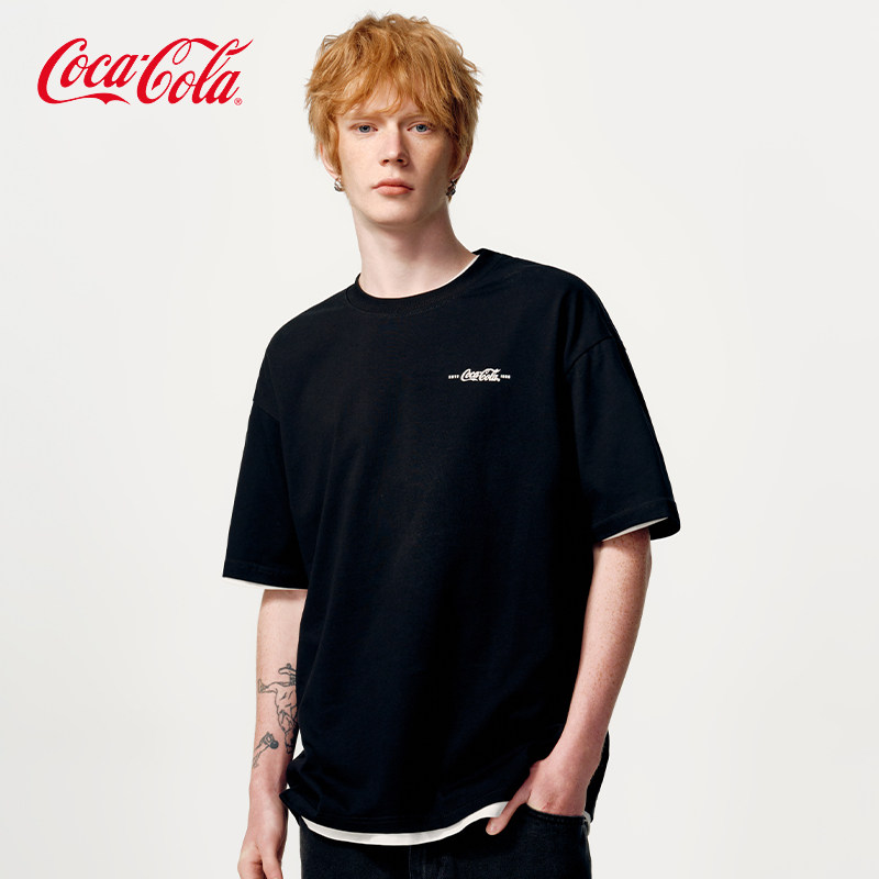 Coca-Cola可口可乐发泡Logo印花宽松休闲落肩圆领短袖T恤男女同款