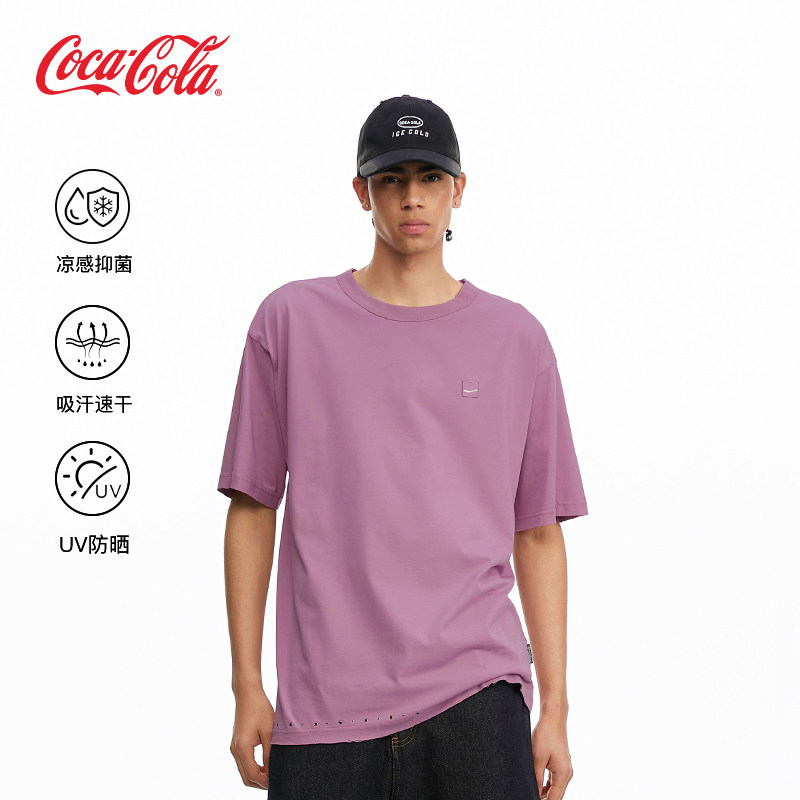 Coca-Cola可口可乐下摆做旧烫钻凉感落肩章仔圆领短袖T恤男女同款