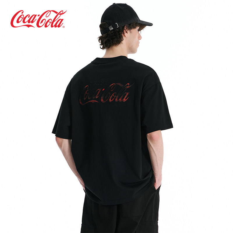 Coca-Cola可口可乐 格子渐变贴布刺绣美式落肩短袖T恤 男女同款