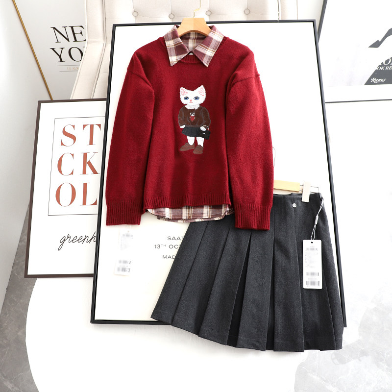 诗系の减龄卡通图案针织衫+宽松显瘦格子衬衫短款半身裙三件套女,女装/女士精品,时尚套装,淘宝优惠券,粉丝福利购,淘宝优惠卷