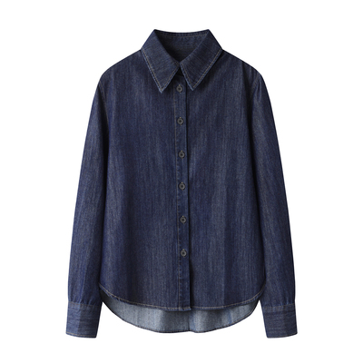 深蓝色复古正肩软牛仔衬衫女2025秋季新款小个子内搭叠穿港风上衣