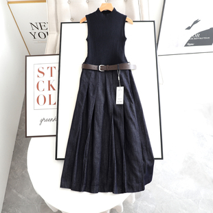 时尚 新款 百搭修身 显瘦针织拼接中长款 连衣裙女 麦系 无袖 2026春季