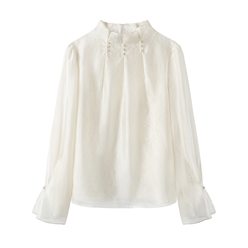 影系の网纱蕾丝米白色衬衫女2025秋季新款喇叭袖花边立领长袖上衣