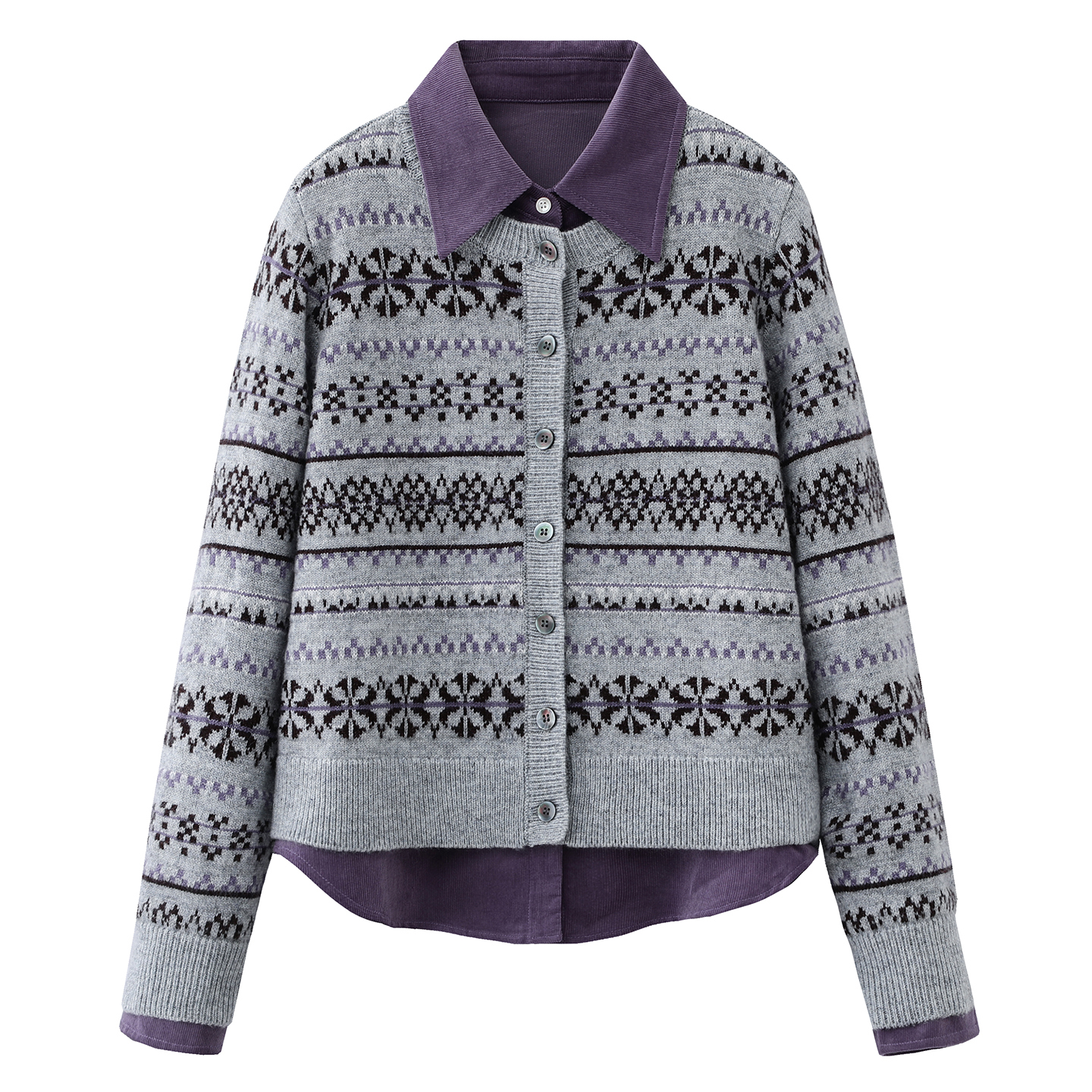 朗+の一套入！气质亮丝复古提花针织开衫+叠穿灯芯绒衬衫两件套装