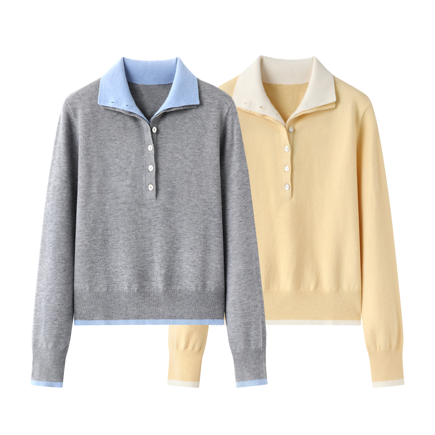 茵+の2025秋季新款时尚百搭套头灰色老钱风双层翻领长袖针织衫女