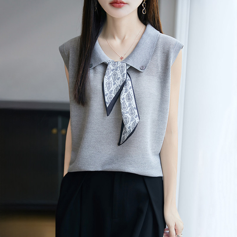 高级感Polo领配丝巾无袖天丝T恤女夏季亚麻气质翻领薄款针织背心