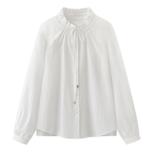 麦系の2026春季新款时尚百搭宽松显瘦本白色花苞领休闲长袖衬衫女