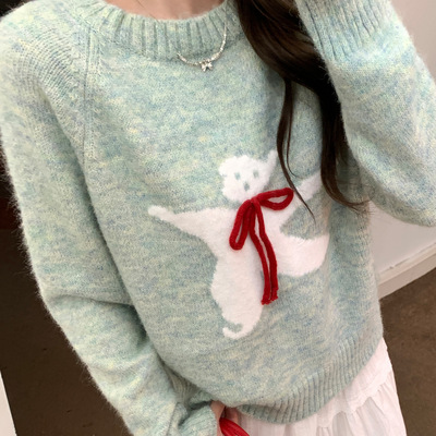 蝴蝶结卡通图案刺绣薄荷绿针织衫女秋冬穿搭软糯毛衣马海毛线外套