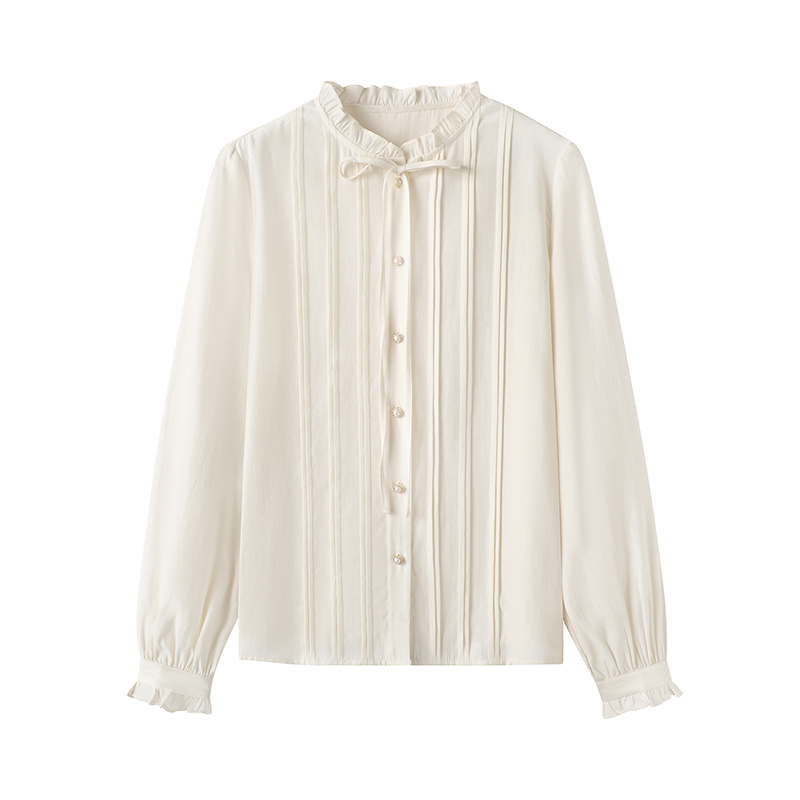 影系の法式轻职场米白色衬衫女2025秋季木耳边系带领长袖通勤上衣