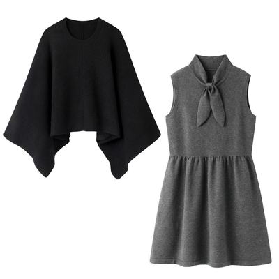 阔系の披肩斗篷毛衣背心连衣裙两件套装2025秋冬新款短裙针织上衣