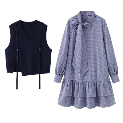 阔系の背心马甲格子衬衫连衣裙两件套装女2025秋季新款法式短裙子