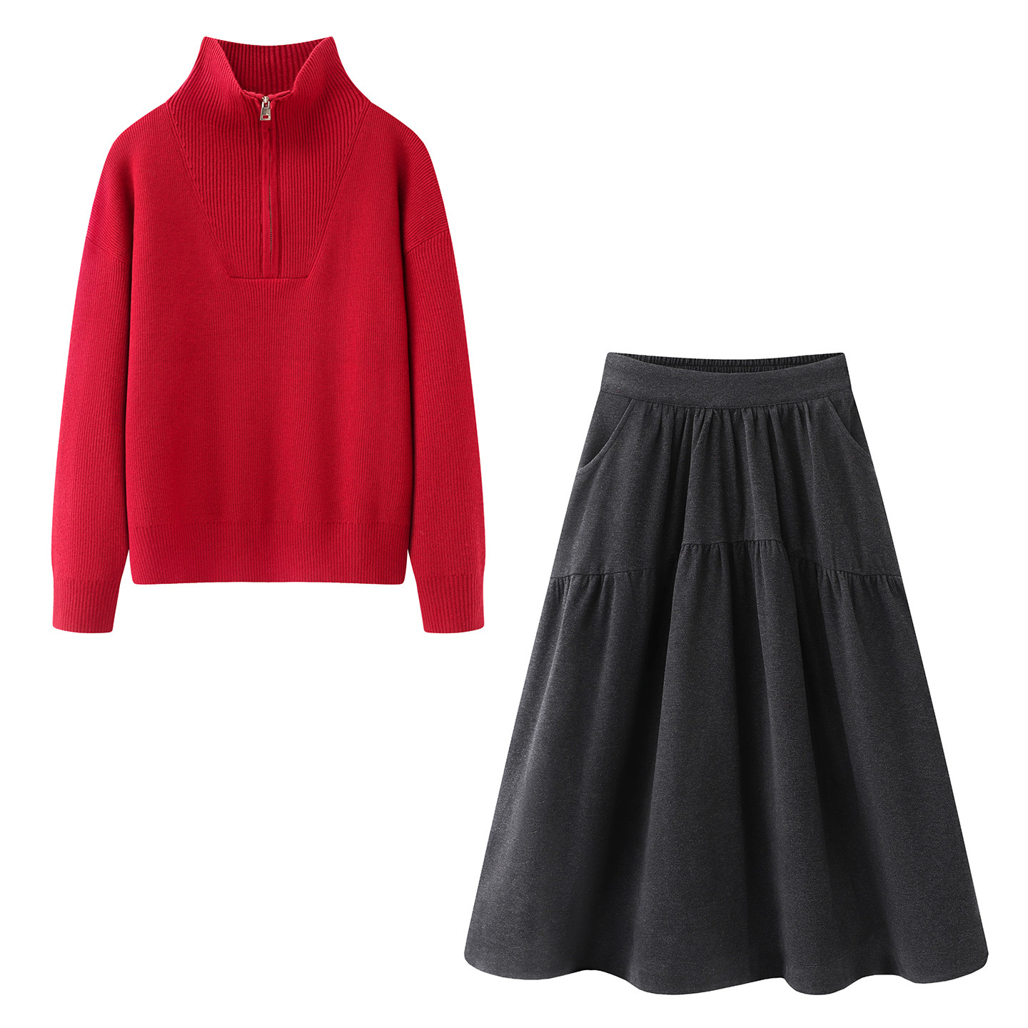 一套入の甜美减龄半拉链高领针织衫女+高腰显瘦中长款A字半身裙女