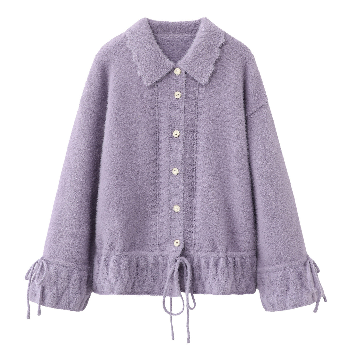 阔系の紫色荷叶边针织开衫外套女2025秋冬新款翻领温柔风穿搭毛衣