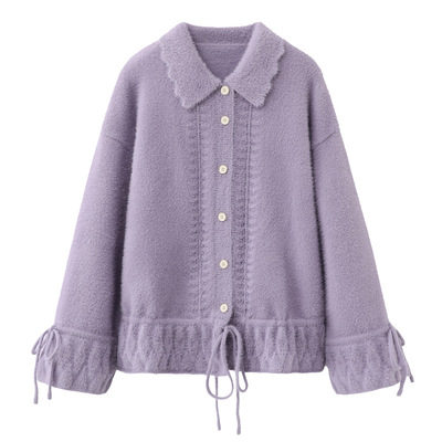 阔系の紫色荷叶边针织开衫外套女2025秋冬新款翻领温柔风穿搭毛衣