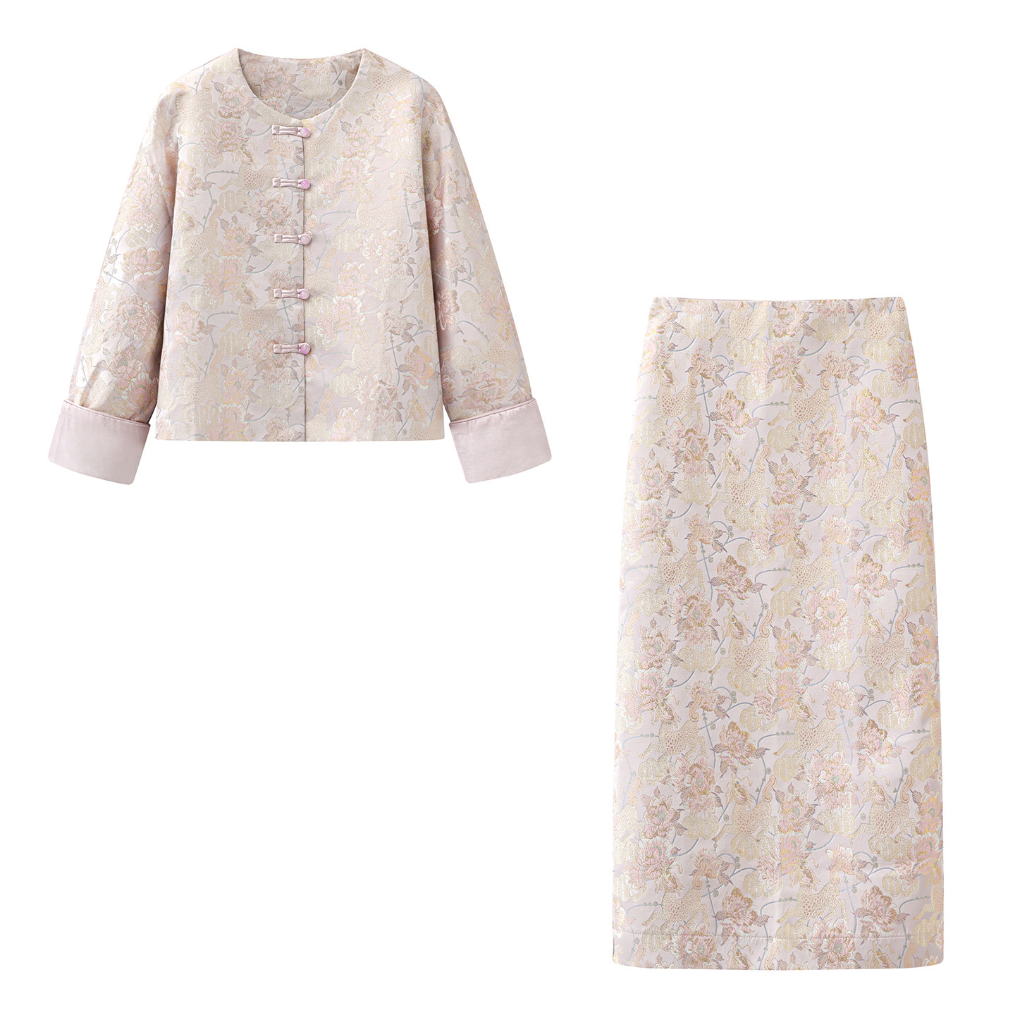 朗+の新中式粉色提花短款外套女+高腰显瘦中长款A字半身裙套装女,女装/女士精品,时尚套装,淘宝优惠券,粉丝福利购,淘宝优惠卷