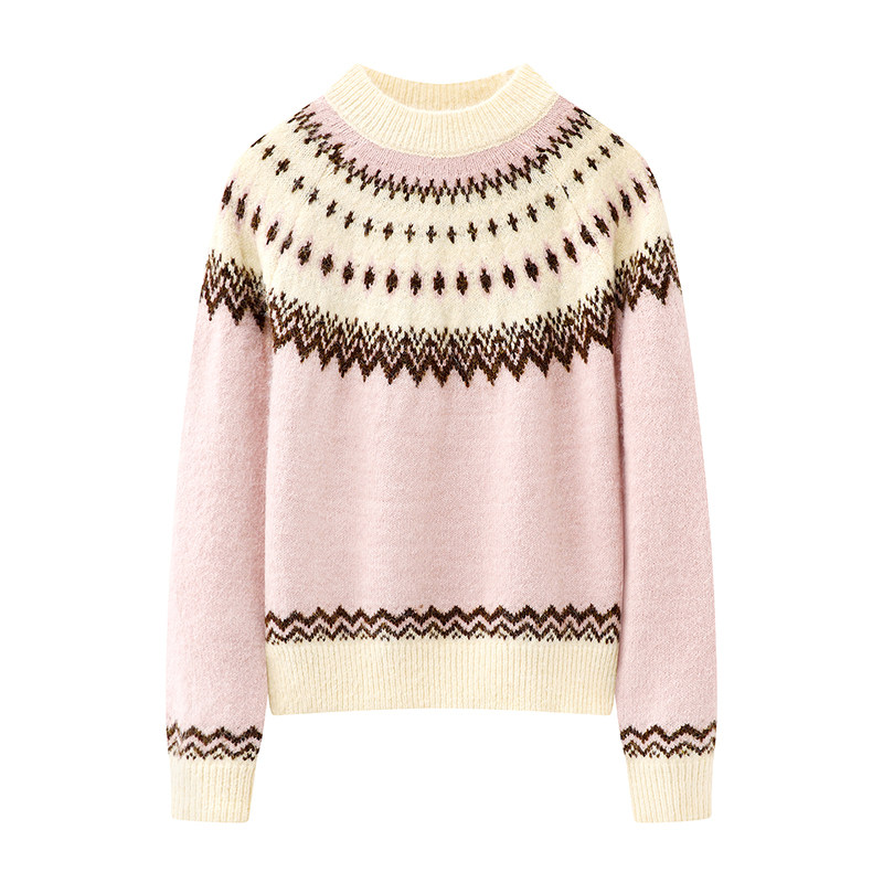 影系の粉色费尔岛针织衫女2025冬季新款甜美减龄套头提花宽松毛衣,女装/女士精品,毛针织衫,淘宝优惠券,粉丝福利购,淘宝优惠卷