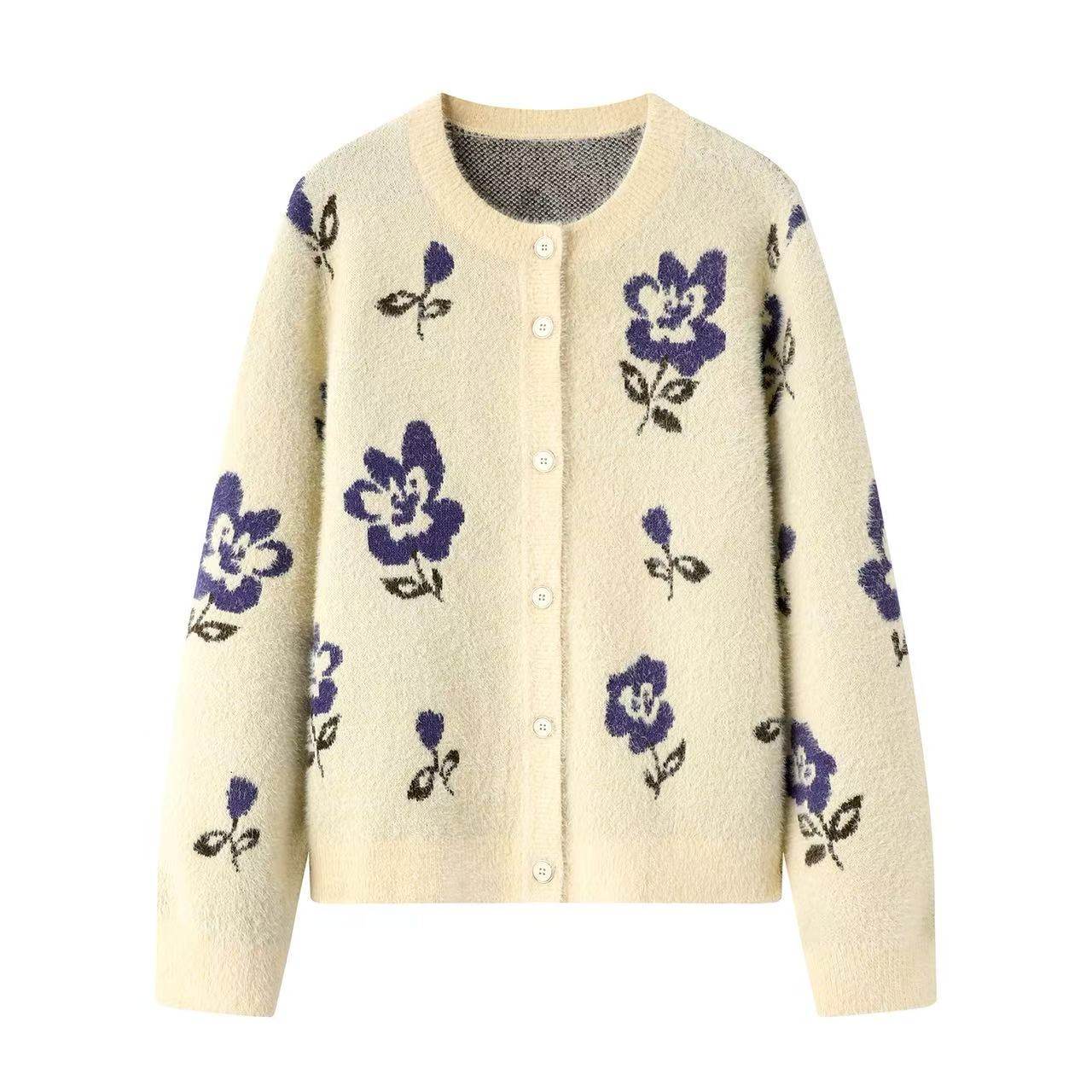 阔系の2025秋冬季新款时尚百搭浅黄色毛绒提花毛衣针织开衫外套女