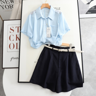 一套入 高腰显瘦休闲直筒五分裤 时尚 衬衫 百搭小个子短款 麦系