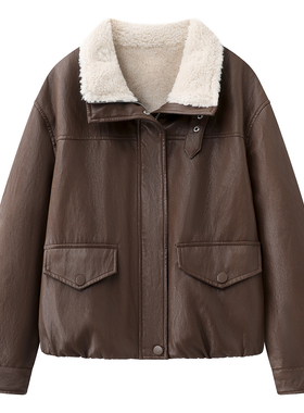 影系の咖色pu皮衣加绒短外套女2025冬季新款美式复古翻领夹克上衣