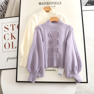 影系！紫色毛衣女小个子2024冬新款立体钩花复古灯笼袖短款针织衫