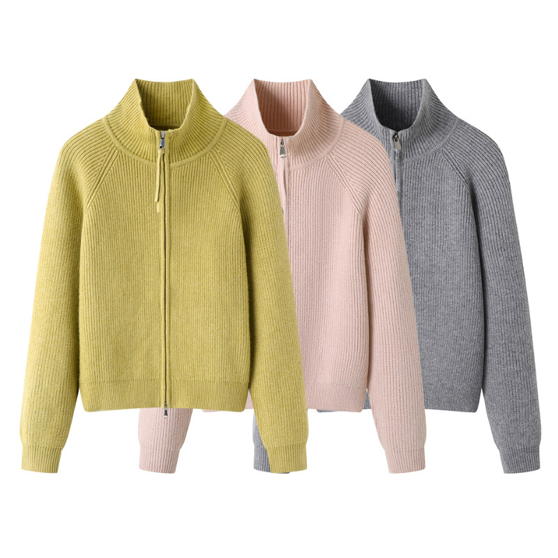 彩系の2025秋时尚翻领宽松百搭慵懒风双头拉链针织开衫毛衣外套女