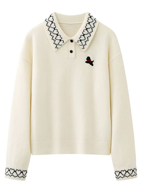 阔系の杏色polo领刺绣毛衣女2025秋冬新款气质软糯气质显瘦针织衫