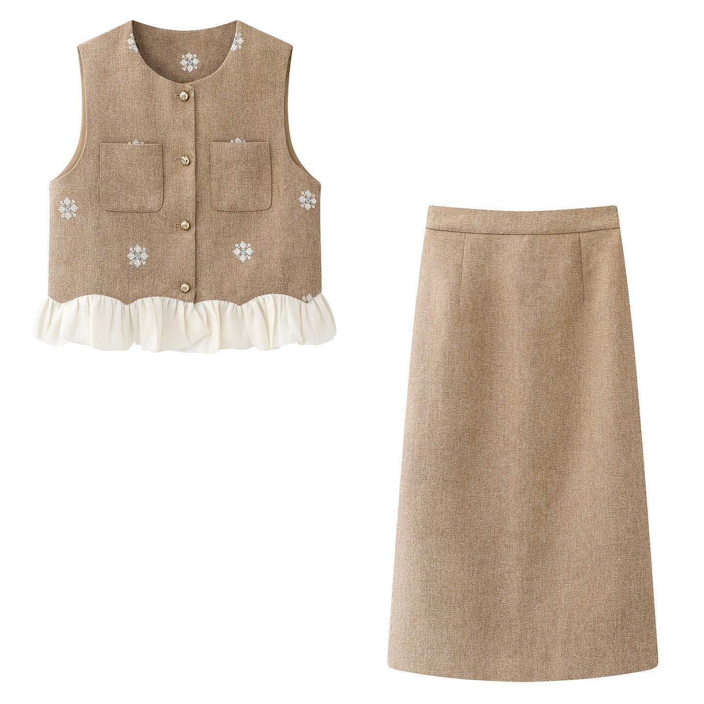 一套入の时尚百搭重工刺绣短款马甲外套+高腰显瘦中长款A字半身裙