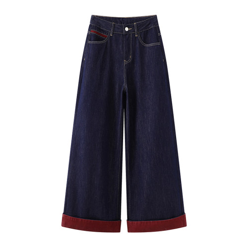 阔系の2025春季新款高腰显瘦蓝色设计感韩版宽松阔腿直筒牛仔裤女