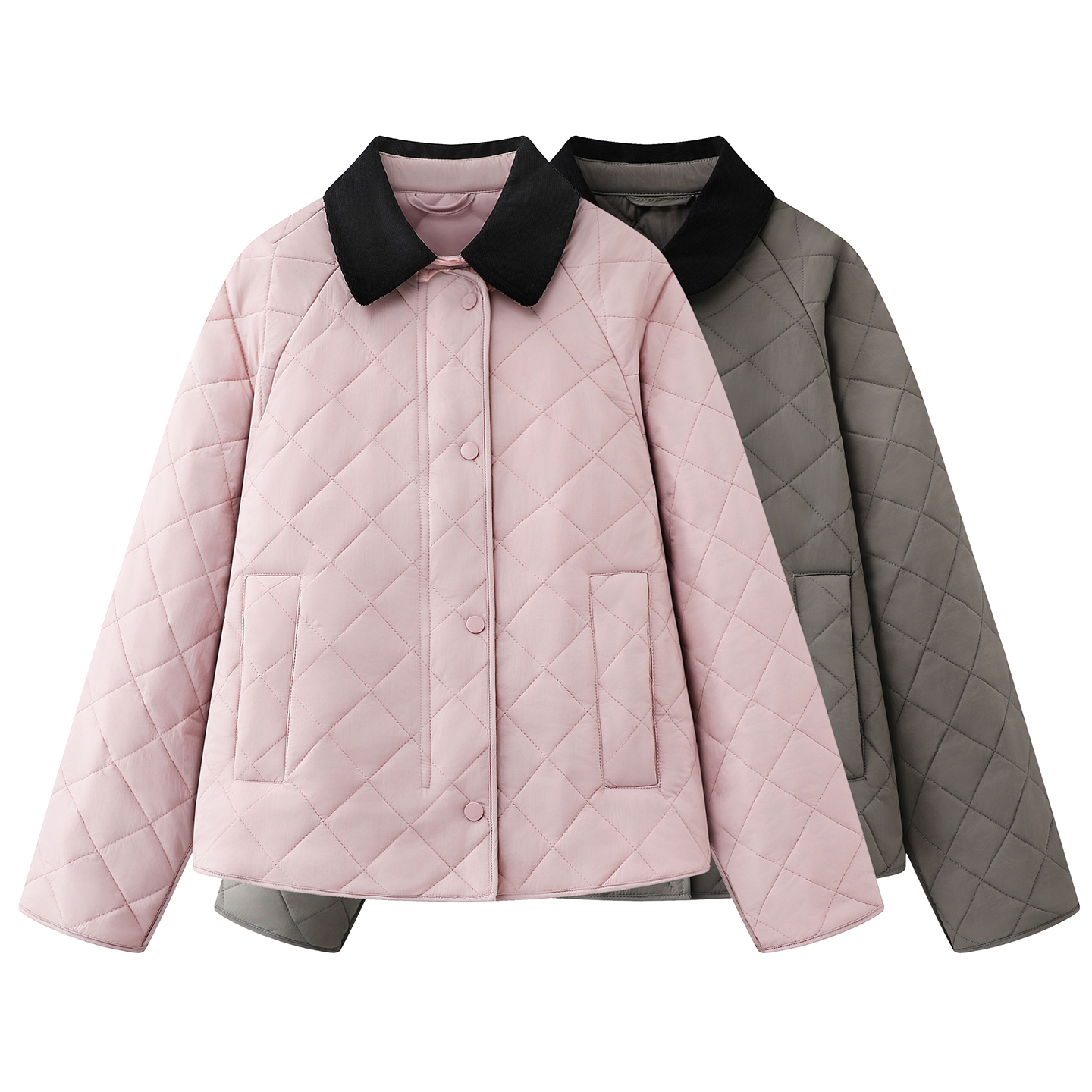 朗+の2025秋冬新款小众撞色翻领休闲宽松菱格绗缝棉服夹克外套女