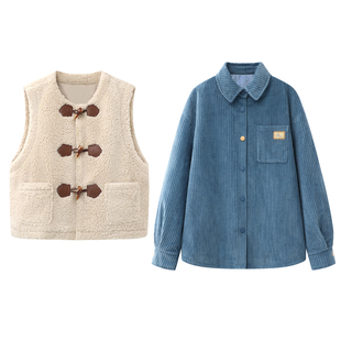 阔系の衬衫型棉服仿羊羔毛马甲两件套装棉衣外套女2025秋冬季新款