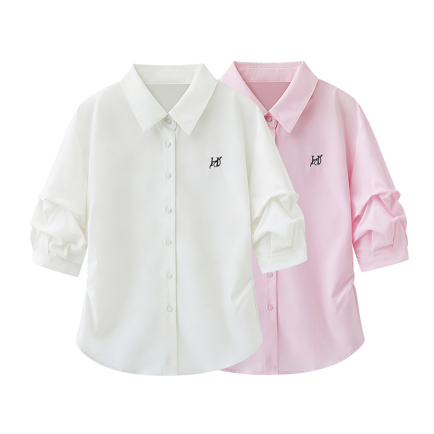 袖系の2026春季新款时尚百搭气质显瘦撞色字母刺绣中袖粉色衬衫女