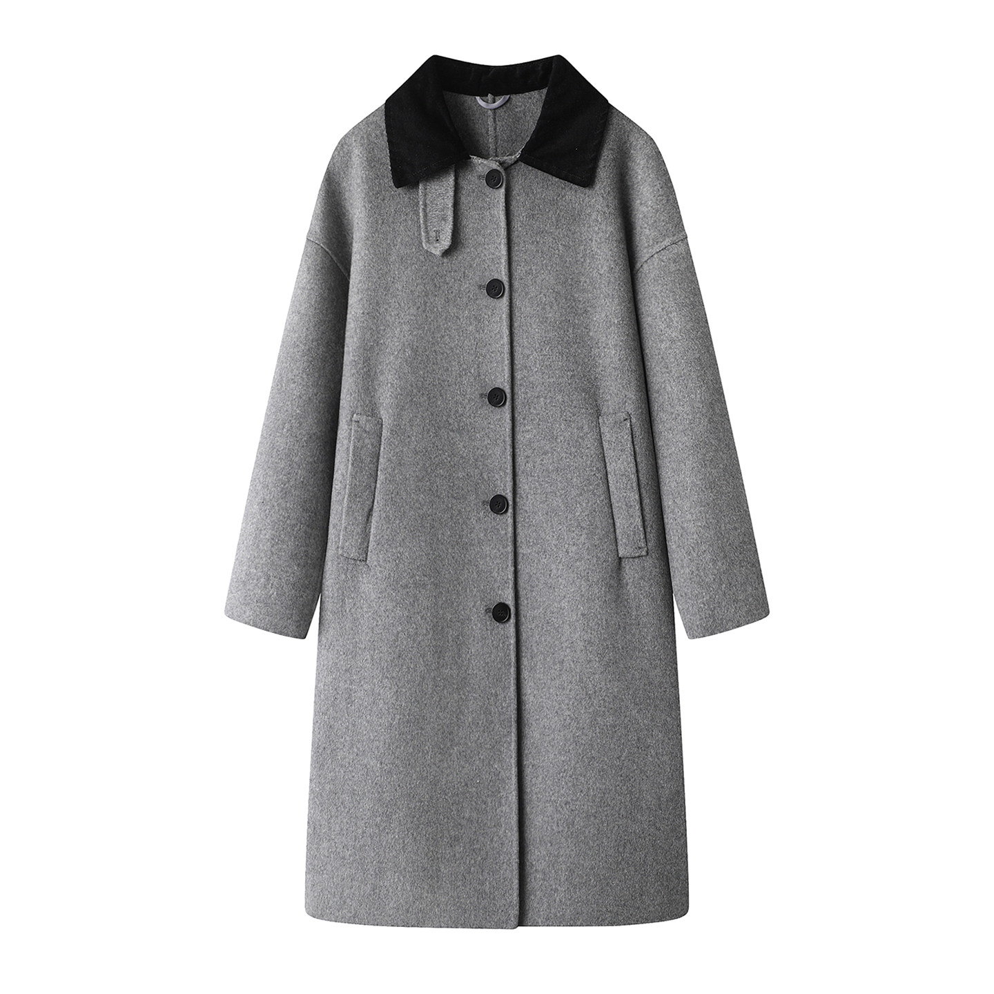 篙端小禾の灰色羊毛大衣气质显瘦撞色翻领高级感双面毛呢外套女冬