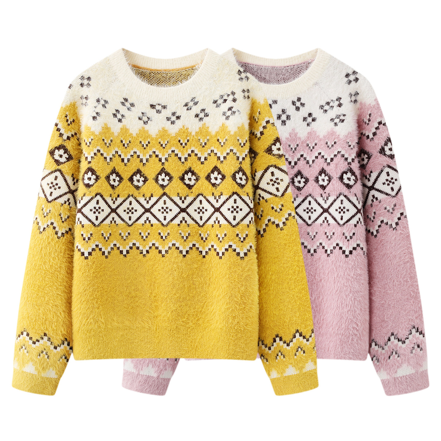 阔系の费尔岛提花软糯套头毛衣女2025秋冬新款粉色针织衫毛毛上衣,女装/女士精品,毛针织衫,淘宝优惠券,粉丝福利购,淘宝优惠卷