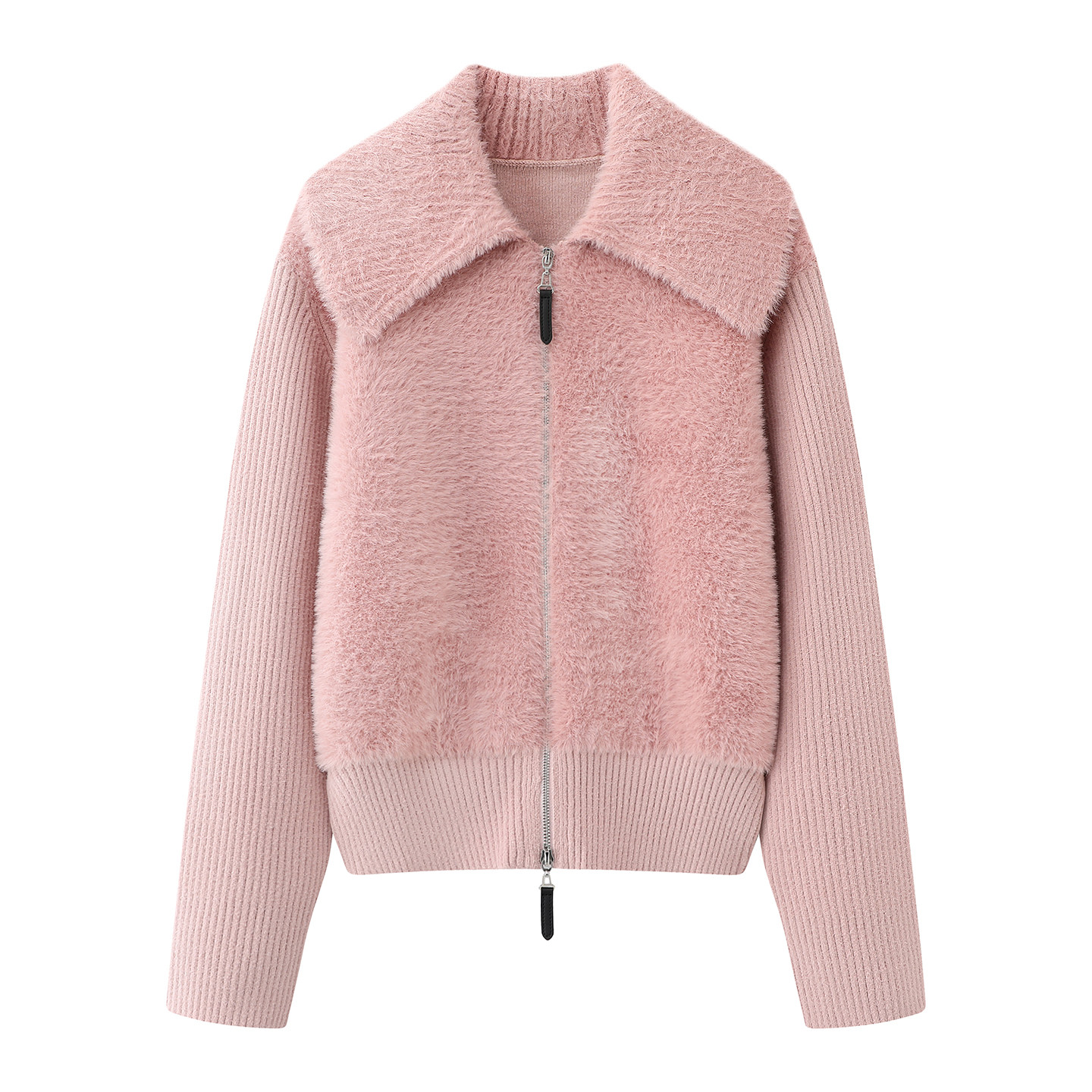 阔系の甜美减龄粉色针织翻领毛衣外套女2025秋冬新款长袖毛绒上衣