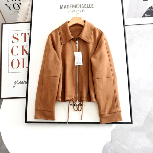 阔系の2025秋冬新款复古棕色时尚百搭宽松翻领仿麂皮长袖短外套女