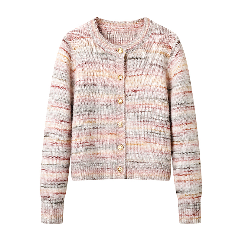 彩系の小香风圆领粉色针织衫女2025秋冬季新款慵懒风毛衣开衫外套