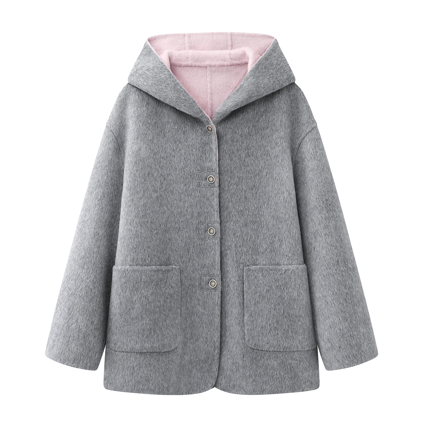 影系の两面穿宽松显瘦连帽双面呢大衣女2025冬季新款灰色毛呢外套