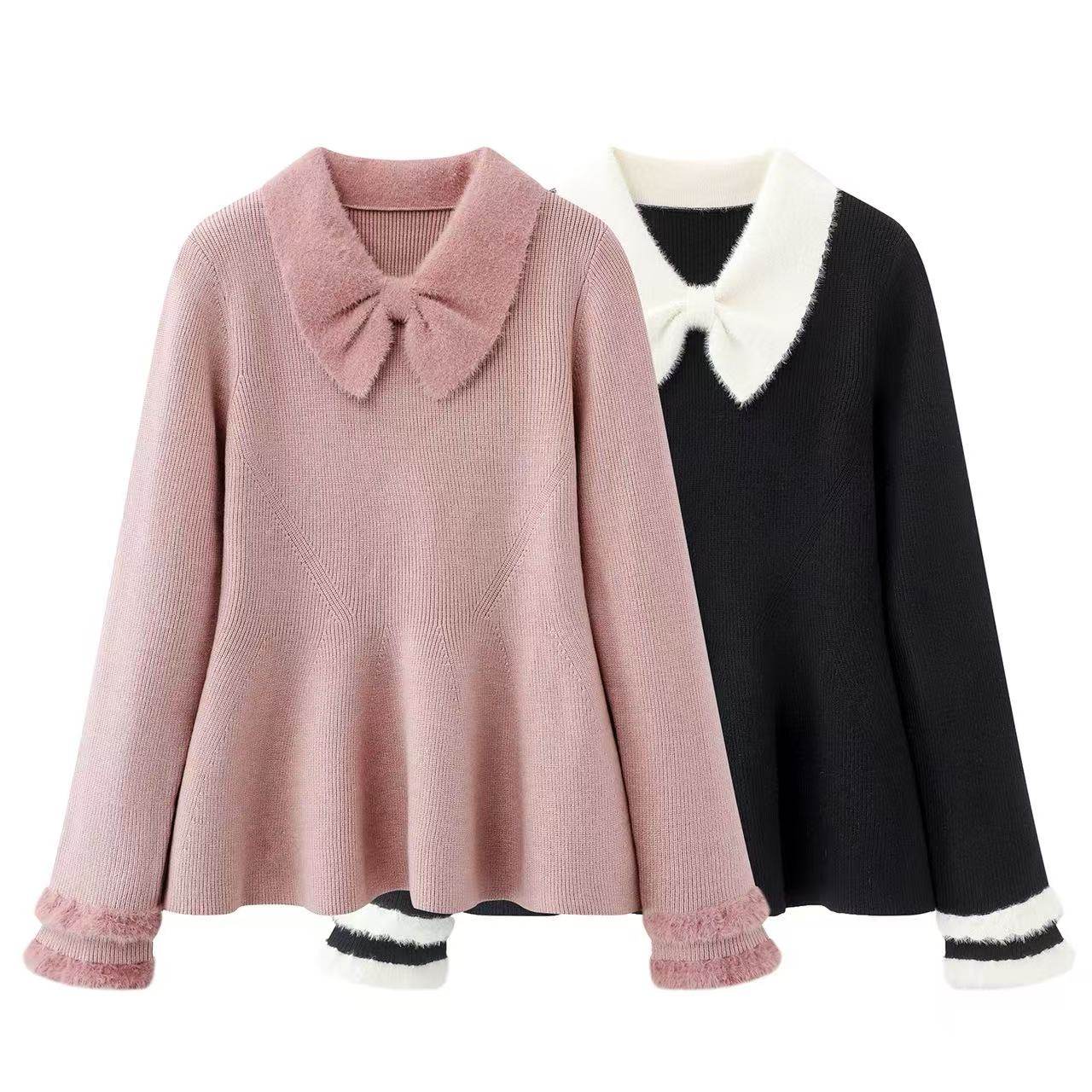 阔系の粉色软糯长袖针织衫女2025秋冬新款蝴蝶结毛绒翻领黑色毛衣