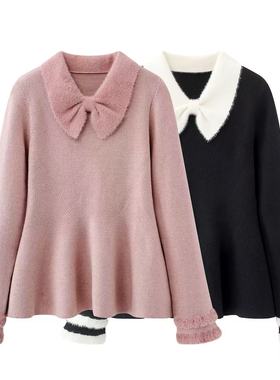 阔系の粉色软糯长袖针织衫女2025秋冬新款蝴蝶结毛绒翻领黑色毛衣