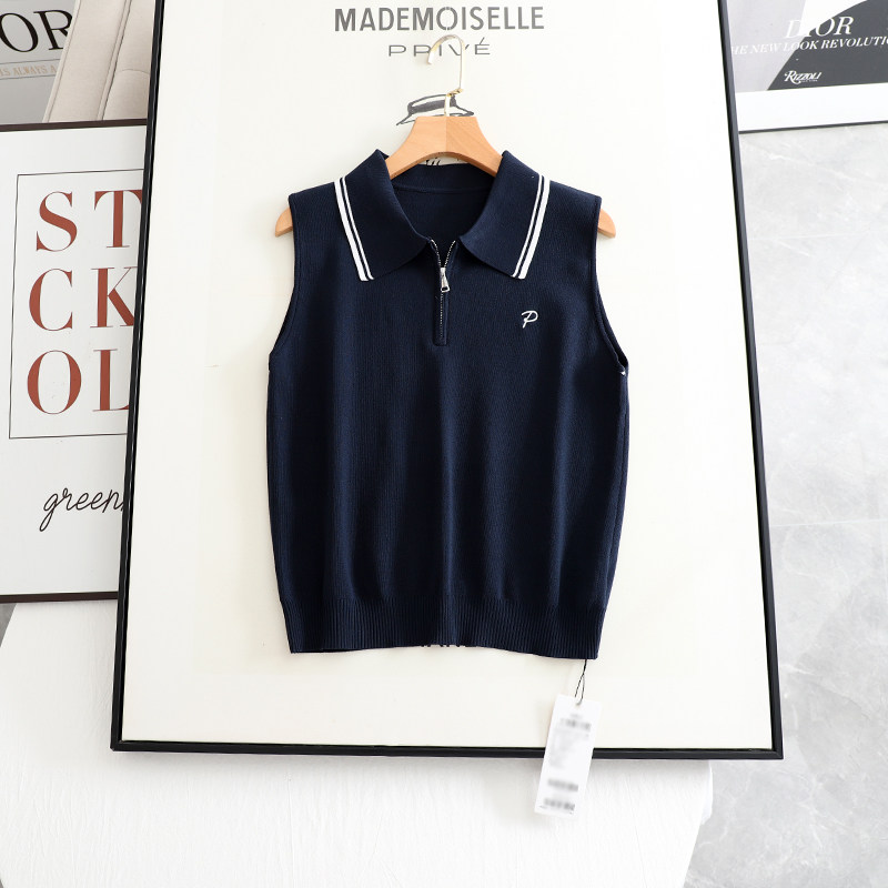 麦系の2025夏新款半拉链翻领无袖针织背心女设计感polo领显瘦上衣