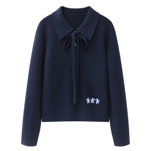 翻领长袖 女2025秋冬新款 上衣 藏蓝色polo毛衣宽松显瘦针织衫 阔系