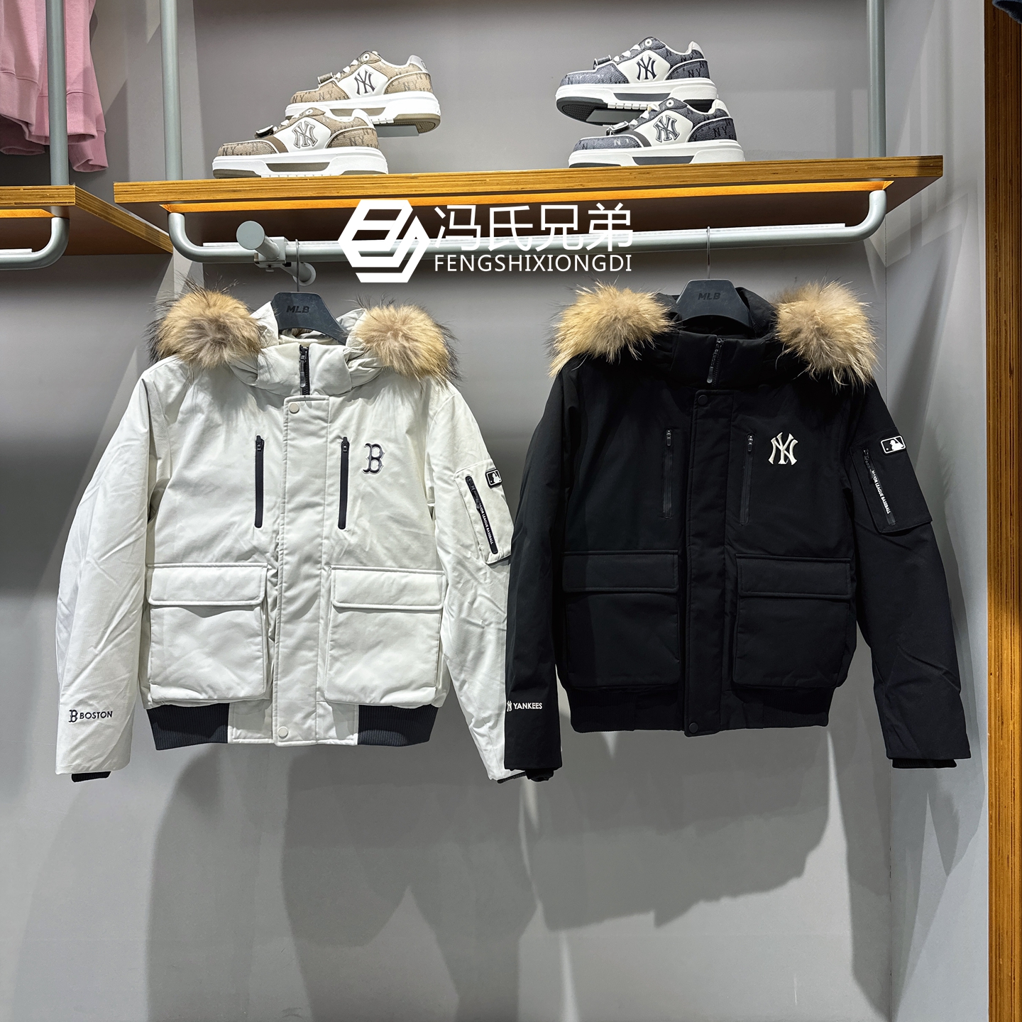 MLB防风保暖连帽情侣工装羽绒服