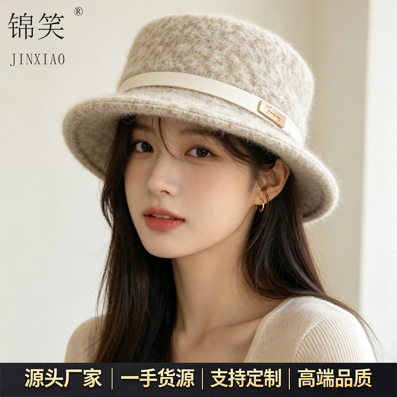 秋冬新款女士毛绒渔夫帽简约皮带装饰圆顶礼帽韩系温柔风保暖盆帽