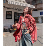 现货2025秋季新款复古红色格子长袖衬衫CS2532-特P35，女装衬衫，星座418-2