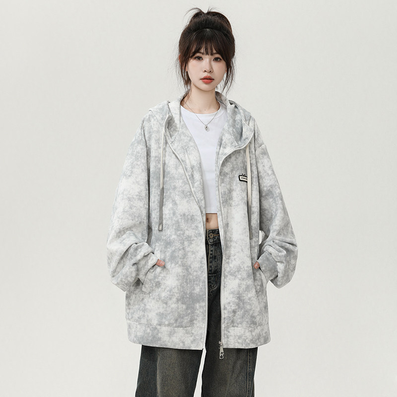现货2025秋季新款美式扎染开衫卫衣男女休闲连帽外套WY2461-P60,女装短外套,星座418-2
