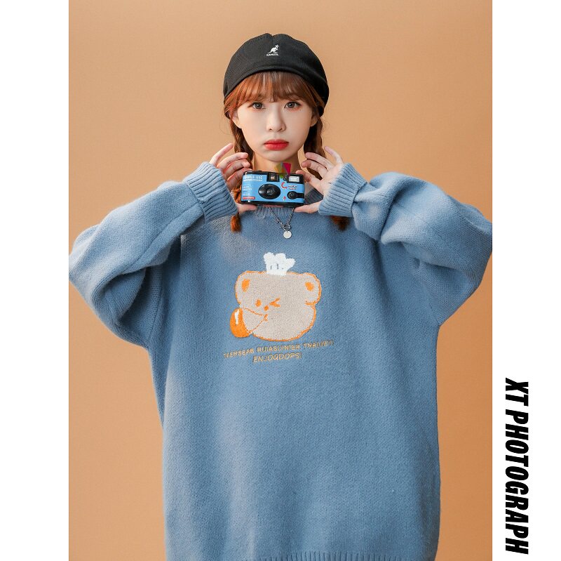2023 Autumn/Winter Lazy Wind Towel Embroidered Pullover Knitwear Cute Couple Loose Sweater MY075-P60_voghion.com